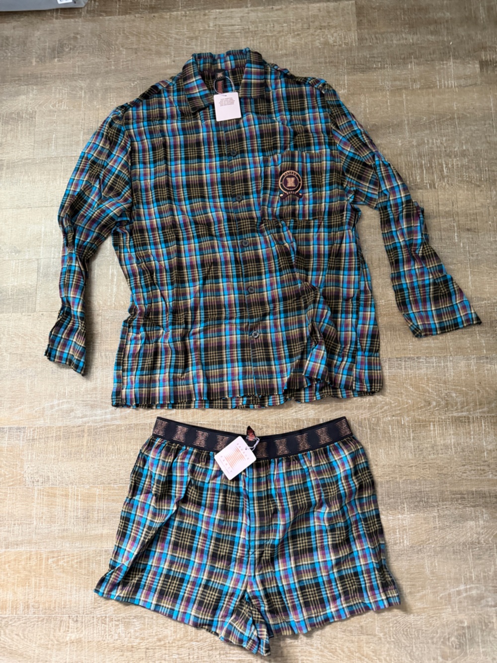 Savage X Fenty Plaid Pajama Set in Teal, Brown, Black, Purple